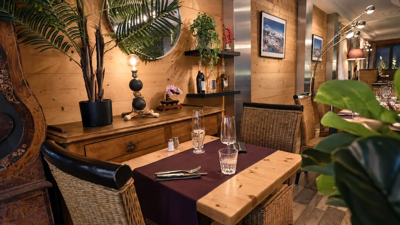 Une table dressée devant le buffet et le miroir rond, le soir